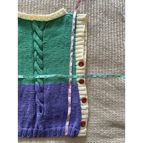 Handmade Colorblock Cable Knit Sweater Vest - Green & Purple Open Side Tabard‎ - Picture 3 of 4